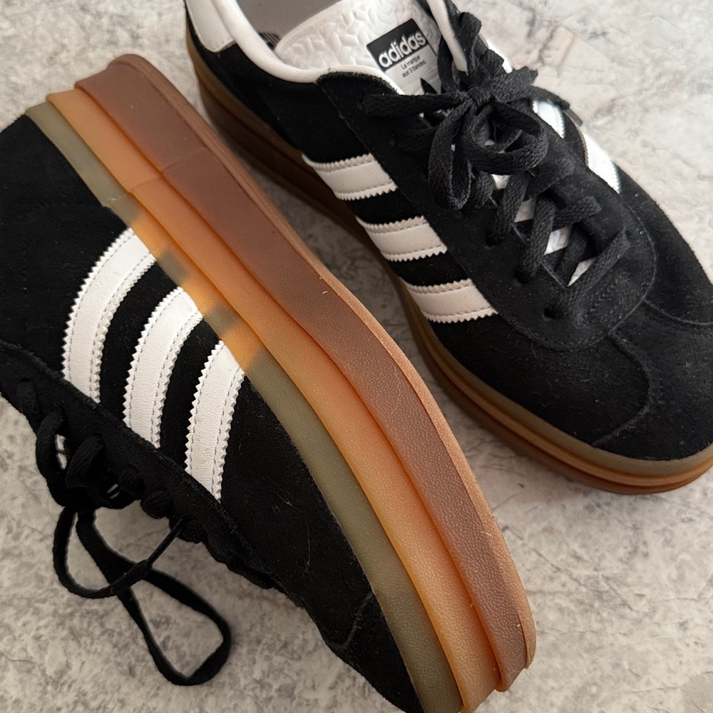 adidas platflorn Black Suede Sneakers with White Stripes and Gum Sole - Picture 5 of 5